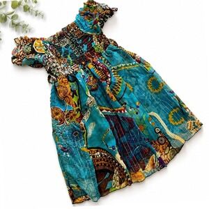 Raj Kids Vintage Silk Smocked Boho Floral Dress Girls 2-4Y Cottagecore Teal Blue
